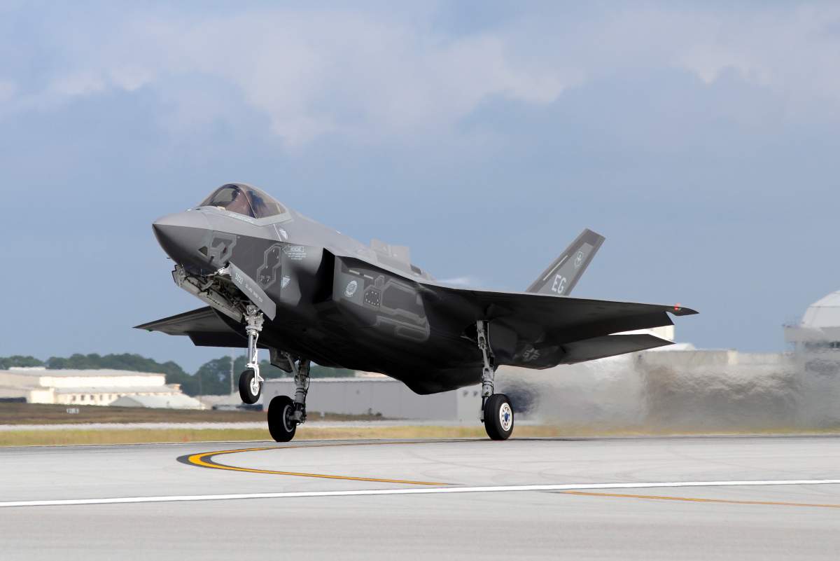 An F-35A from 58th Fighter Squadron, 33rd Fighter Wing, taking off from Eglin Air Force Base, Florida, before a training mission.