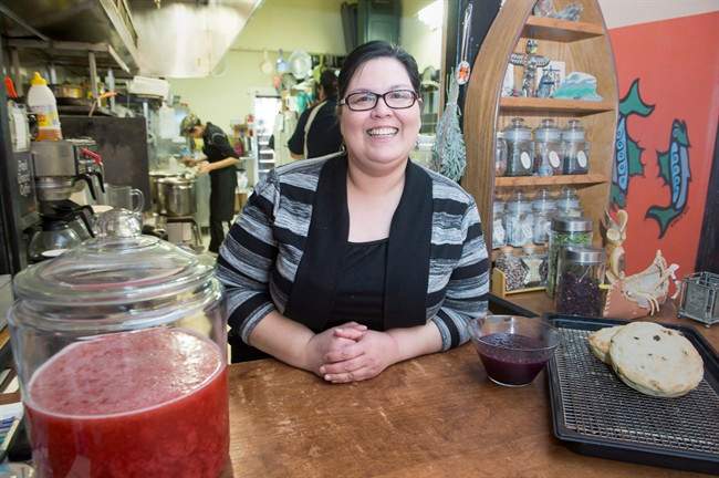 The menu at Tea-N-Bannock reflects traditional dishes of different tribes and features baked or fried bannock. Most of the staff is from different First Nations groups - Cree, Ojibwa and Mohawk - and they collaborate on menu items. Tina Ottereyes, who manages Tea-N-Bannock, poses for a portrait at the restaurant, in Toronto on Friday, March 24, 2017.
