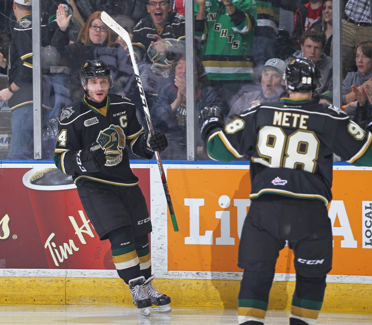JJ Piccinich of the London Knights celebrates a goal at Budweiser Gardens.