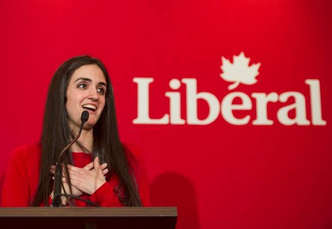 Emmanuella Lambropoulos reacts after winning the Liberal party nomination for the riding of Saint-Laurent in Montreal, Wednesday, March 8, 2017.