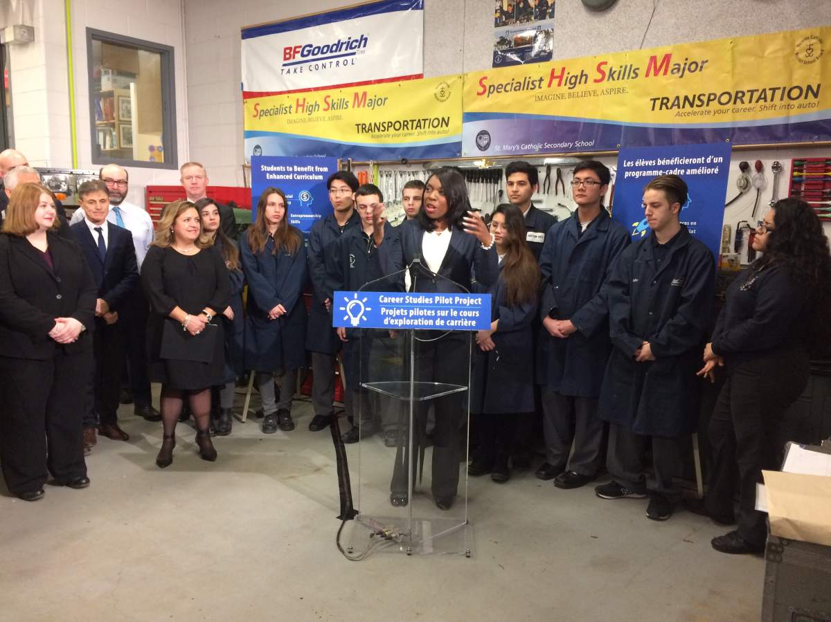 Education Minister Mitzie Hunter makes an announcement at St. Mary Catholic Academy in Toronto on March 23, 2017.