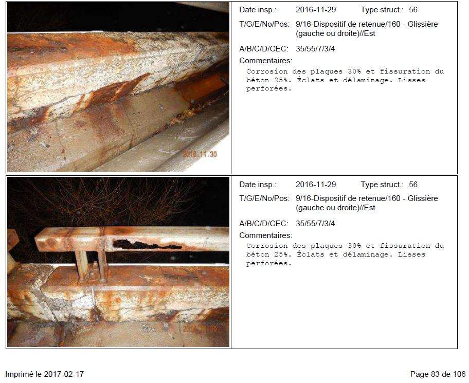 Page from Transports Quebec's November 2016 engineering report of Sources overpass.