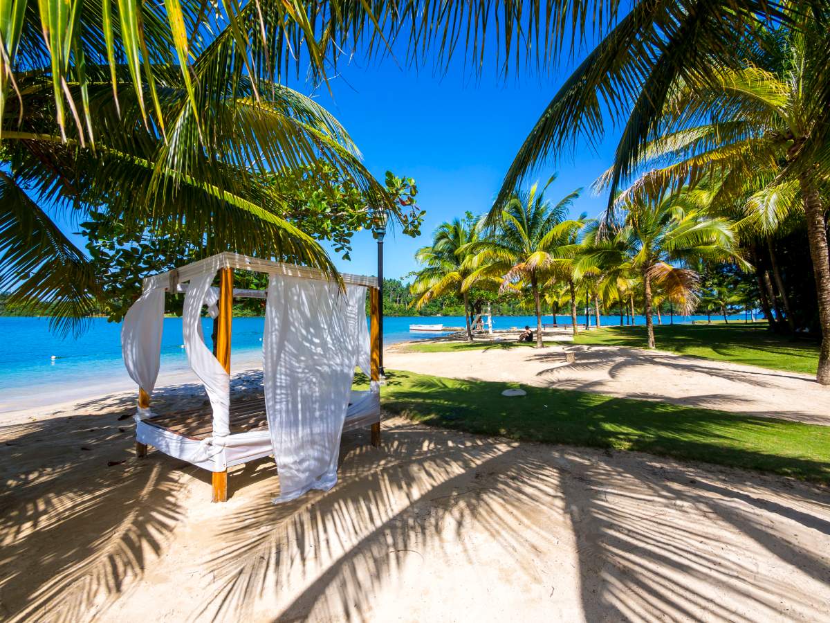 Sunbed and palm trees on a beach in Port Antonio, Jamaica.