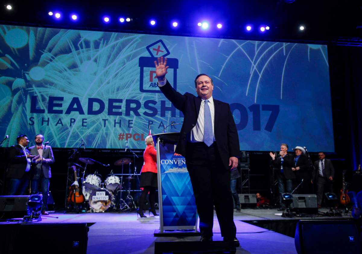 Jason Kenney celebrates his leadership win at the Alberta PC Party leadership convention in Calgary, Alta., Saturday, March 18, 2017.