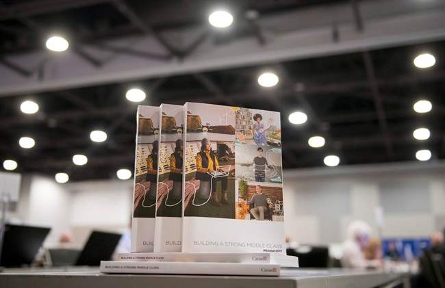 Copies of the federal budget are seen at the media lock-up, before being tabled by Minister of Finance Bill Morneau in the House of Commons on Parliament Hill, in Ottawa on Wednesday, March 22, 2017.