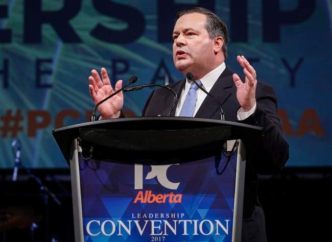 Jason Kenney delivers his victory speech at the Alberta PC Party leadership convention in Calgary, Alta., Saturday, March 18, 2017. 