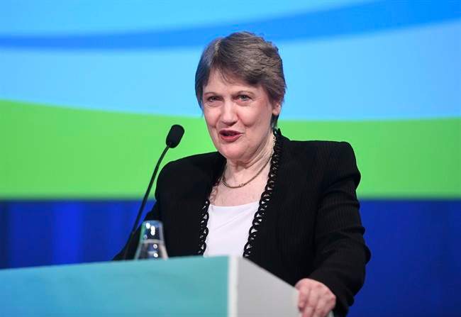 Helen Clark, head of the United Nations Development Programme, speaks at the launch of UN stabilization fund's report Human Development Report 2016 at Norra Latin in Stockholm, Tuesday, March 21, 2017. (Fredrik Sandberg/TT News Agency via AP).