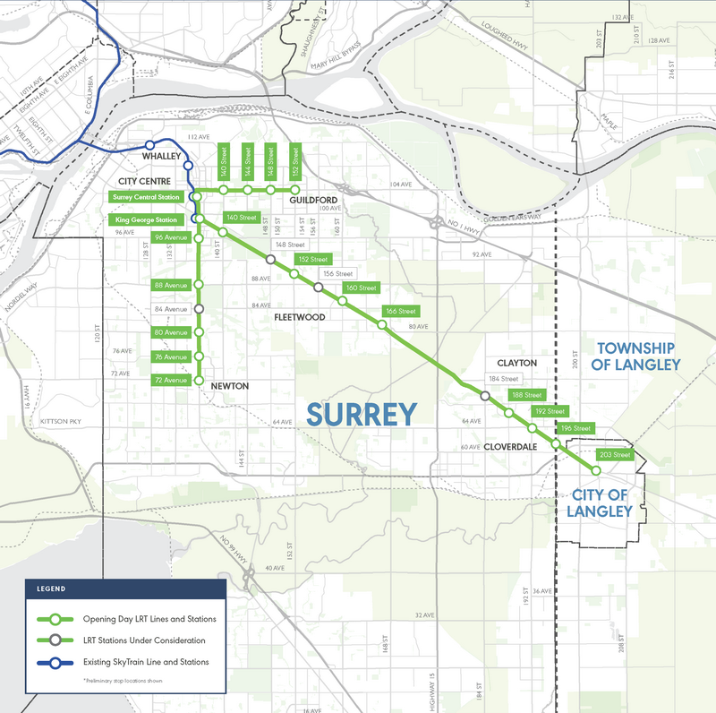 A map of the proposed LRT system in Surrey.