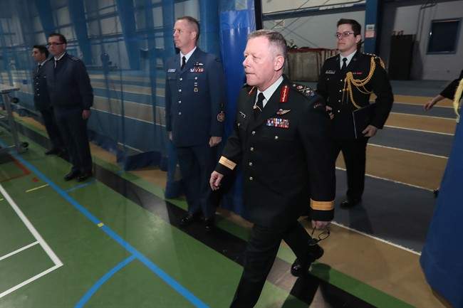 Chief of Defence Staff General Jonathan Vance arrives before a town hall meeting with cadets at the Royal Military College of Canada in Kingston, Ont., on Wednesday, March 29, 2017.