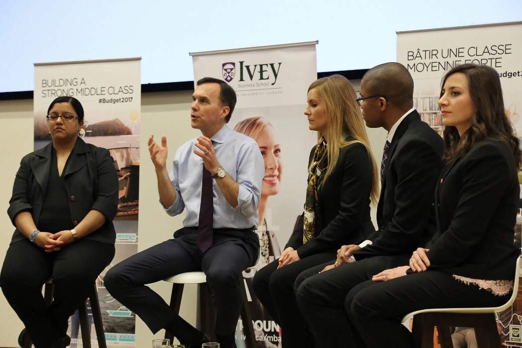 At Western University's Ivey School of Business, the finance minister said the federal budget released last week included a gender-based analysis.