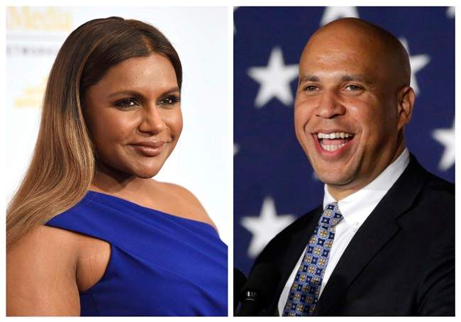 In this combination photo, Mindy Kaling, left, arrives at the 41st annual Gracie Awards Gala on May 24, 2016, in Beverly Hills, Calif., and Sen. Cory Booker, D-N.J., addresses supporters during an election night victory gathering on Nov. 4, 2014 in Newark, N.J. 