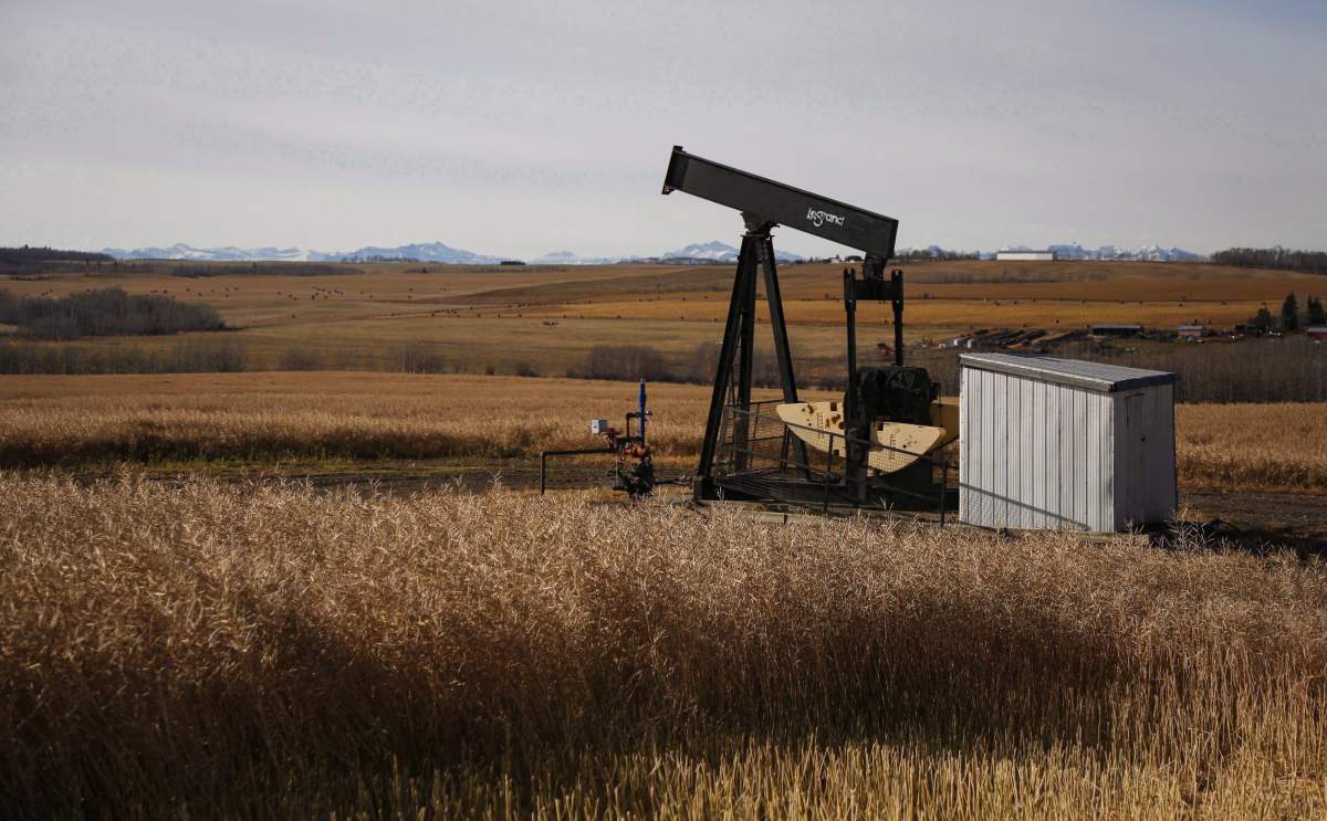 A de-commissioned pumpjack is shown at a well head on an oil and gas installation near Cremona, Alta., Saturday, Oct. 29, 2016. 