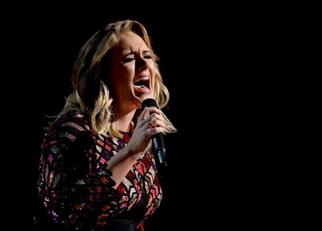 Adele performs "Hello" at the 59th annual Grammy Awards in Los Angeles.