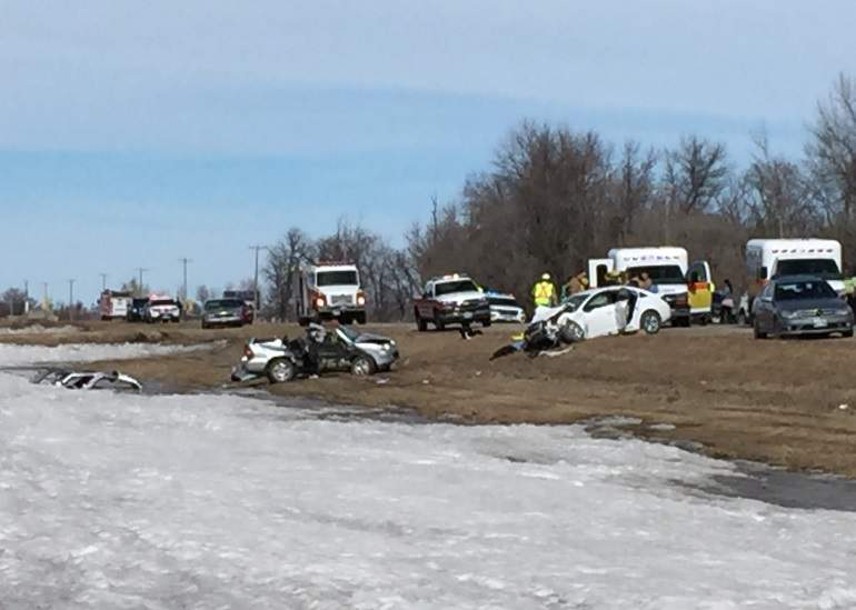 Nine people were sent to hospital after two vehicles collided head on near Winkler, Man., Sunday afternoon.