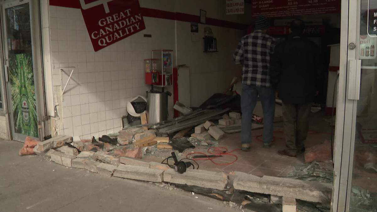 A look at what’s left of the northeast Calgary Canadian Pizza Unlimited restaurant after a vehicle smashed through its front entrance Saturday morning.