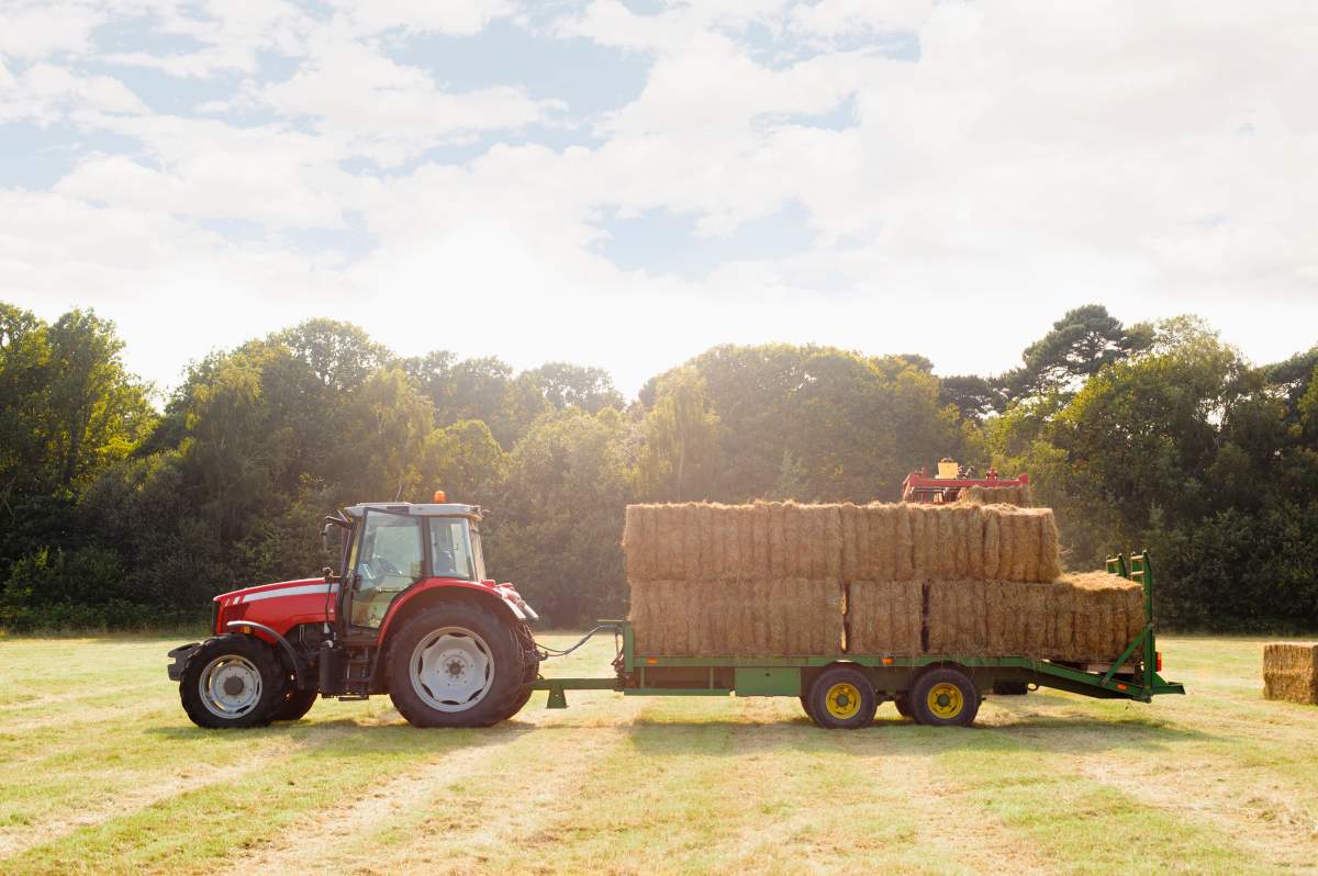 Tractor pulling trailer and hay bales in farm field.