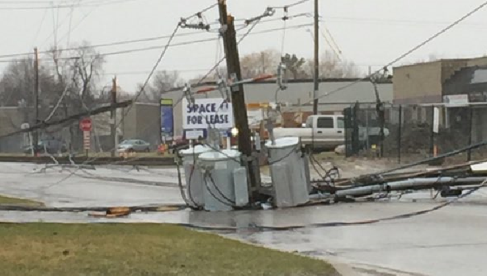 A photo from a citizen reporter sent to AM980 London shows hydro wires on the roadway on Bessemer Road on March 30, 2017.