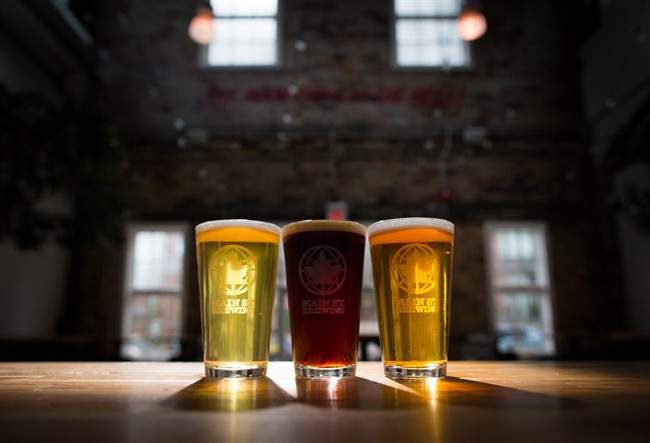 Pints of beer are seen on the bar at Main Street Brewing in Vancouver, B.C., on Monday March 20, 2017.