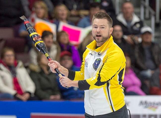 Manitoba skip Mike McEwen reacts to a shot at the 2017 Tim Hortons Brier in St. John's, NL.