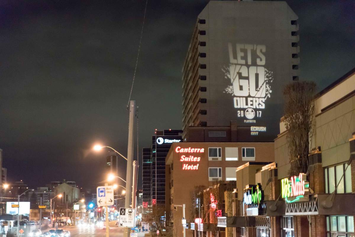 Some Oilers spirit on the east wall of the Jasper OnEleven building at 11020 Jasper Ave.