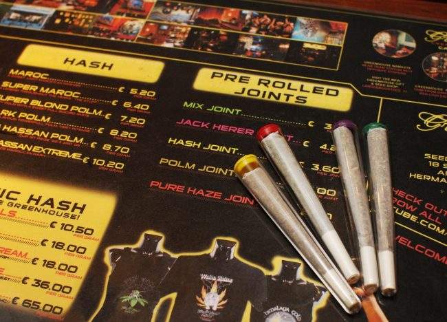 Pre-rolled joints seen on an English language menu at the Green House coffee shop in Amsterdam, Netherlands, June 15, 2008.