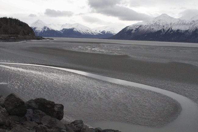 A ribbon of water cuts through the mud flats of Cook Inlet, just off the shore of Anchorage, Alaska, March 7, 2016.

