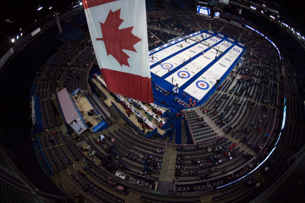 A Canadian flag hangs from the rafters of the Northlands coliseum during the 4th draw at the Men’s World Curling Championships in Edmonton, Sunday, April 2, 2017. THE CANADIAN PRESS/Jonathan Hayward
