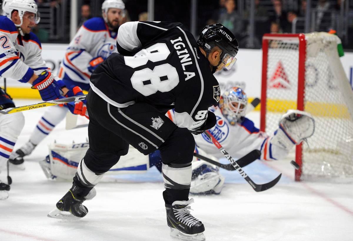 Los Angeles Kings right wing Jarome Iginla (88) has his shot blocked by Edmonton Oilers goalie Cam Talbot during the second period of an NHL hockey game, Tuesday, April 4, 2017, in Los Angeles.