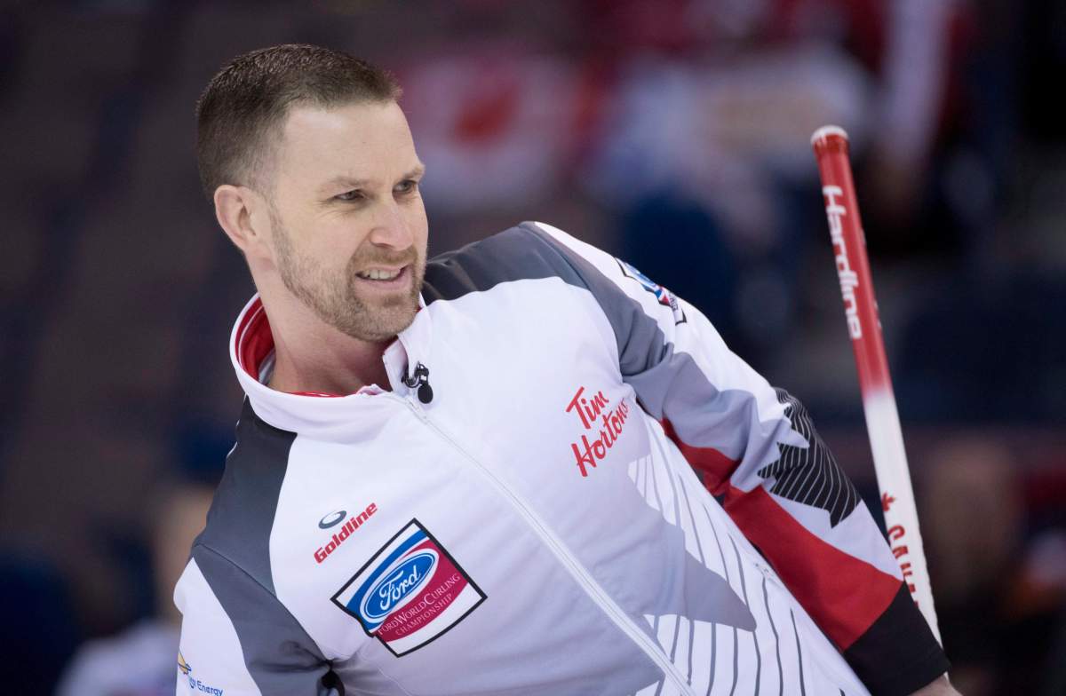 Team Canada skip Brad Gushue reacts to his shot during the 12th draw against Netherlands at the Men’s World Curling Championships in Edmonton, Wednesday, April 5, 2017. THE CANADIAN PRESS/Jonathan Hayward