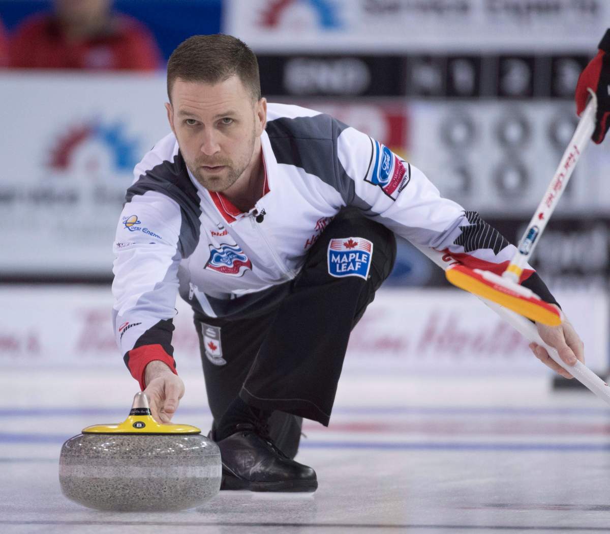 Team Canada skip Brad Gushue makes a shot during the 12th draw against Netherlands at the Men’s World Curling Championships in Edmonton, Wednesday, April 5, 2017. THE CANADIAN PRESS/Jonathan Hayward