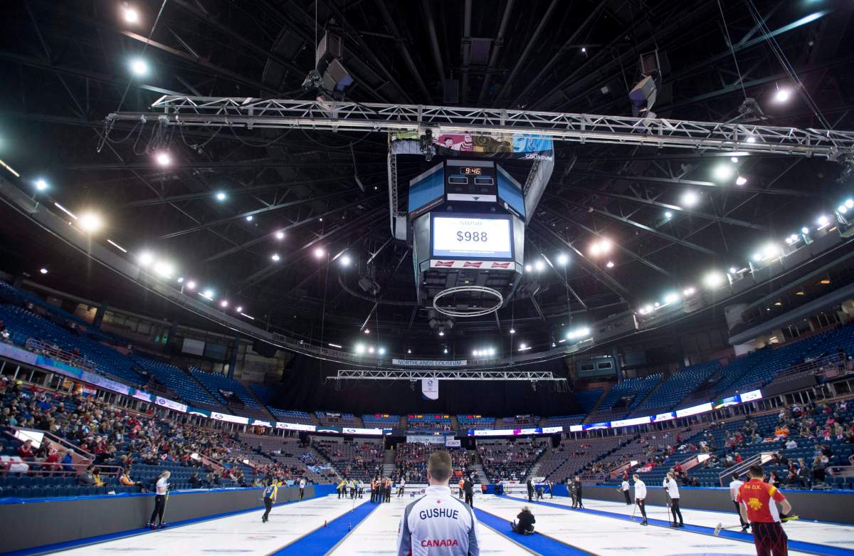 Team Canada skip Brad Gushue looks on as his team takes on the Netherlands during the 12th draw at the Men’s World Curling Championships in Edmonton, Wednesday, April 5, 2017. THE CANADIAN PRESS/Jonathan Hayward