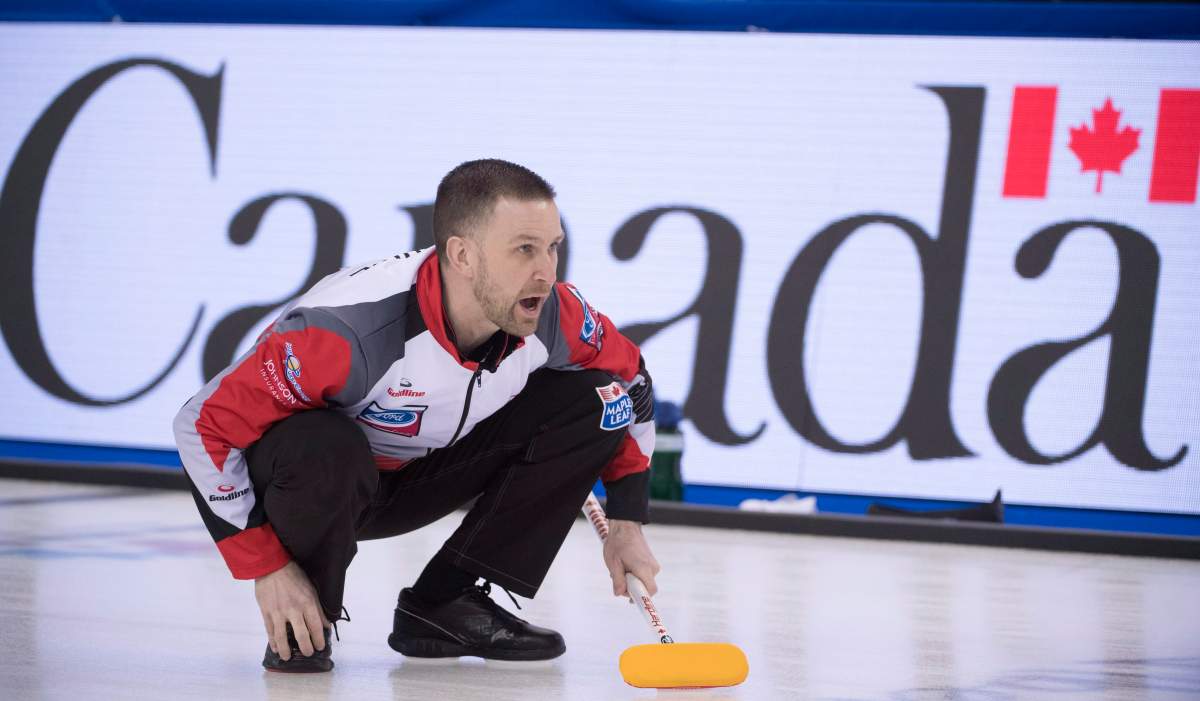 Team Canada skip Brad Gushue calls a shot during the 13th draw against Japan at the Men’s World Curling Championships in Edmonton, Wednesday, April 5, 2017. THE CANADIAN PRESS/Jonathan Hayward