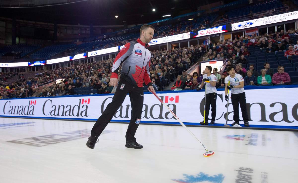 Team Canada skip Brad Gushue make his way down ice during the 13th draw against Japan at the Men’s World Curling Championships in Edmonton, Wednesday, April 5, 2017. THE CANADIAN PRESS/Jonathan Hayward
