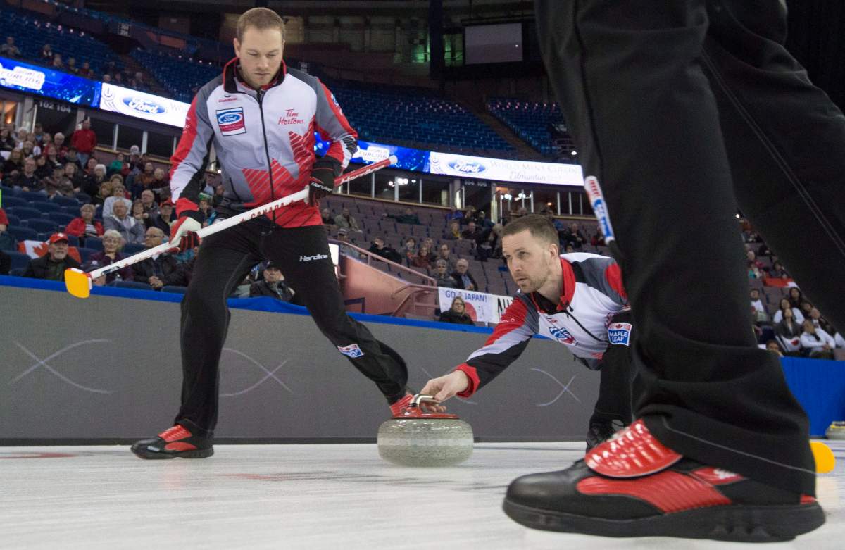 Canada skip Brad Gushue makes a shot as lead Geoff Walker (left) and second Brett Gallant sweep during the 13th draw against Japan at the Men’s World Curling Championships in Edmonton, Wednesday, April 5, 2017. THE CANADIAN PRESS/Jonathan Hayward