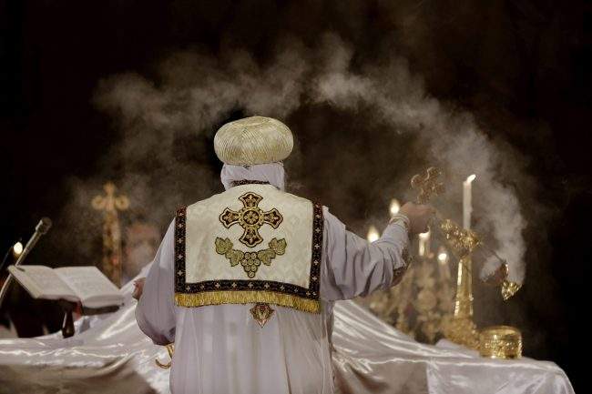 Pope Tawadros II leads a mass for the Egyptian Christians who were killed in Libya, at St. Mark's Cathedral in Cairo, Egypt.  EgyptFeb. 17, 2015.