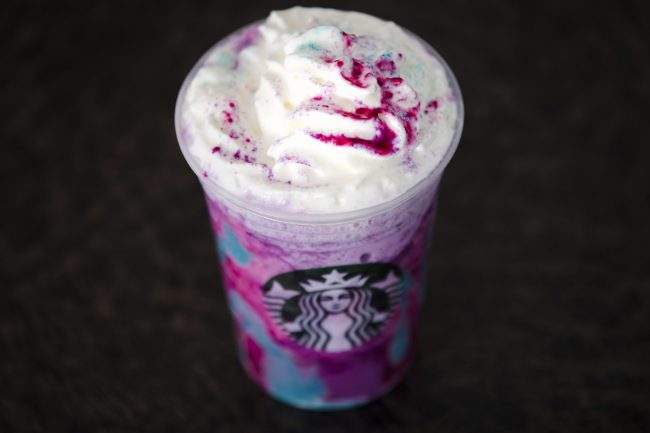 A Starbucks Unicorn Frappuccino drink sits on display, Thursday, April 20, 2017, in Philadelphia.
