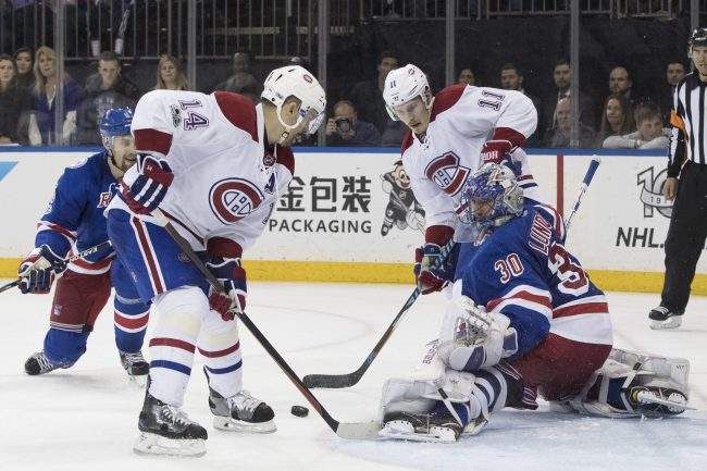 New York Rangers goalie Henrik Lundqvist (30) tends the net against Montreal Canadiens center Tomas Plekanec (14) during the third period of Game 6 of a first-round NHL hockey Stanley Cup playoff series, Saturday, April 22, 2017, at Madison Square Garden in New York.
