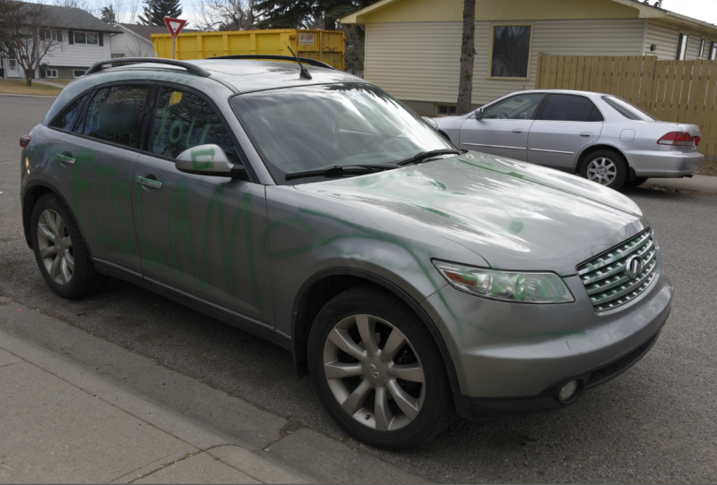 The Calgary Police Service is investigating after graffiti targeting Muslims and people of Middle-Eastern descent was found on a vehicle in Rundle on April 6, 2017.