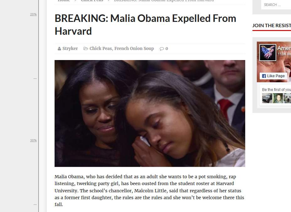 The story above is easily disposed of. The most obvious issue is that Malia doesn't yet go to Harvard.