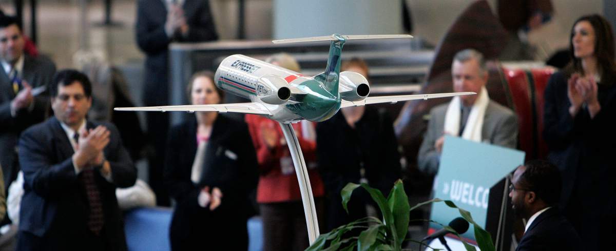 A model of an ExpressJet plane is displayed at a news conference at Louis Armstrong New Orleans International Airport in Kenner, La., Monday, Feb. 5, 2007.