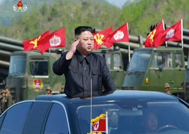 This image made from video of a still image broadcast in a news bulletin by North Korea’s KRT on Wednesday, April 26, 2017. It shows leader Kim Jong Un at what was said to be a “Combined Fire Demonstration” held to celebrate the 85th anniversary of the North Korean army.