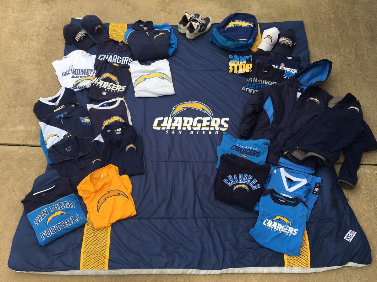 Cheargers gear that Scott and his son are getting rid of.