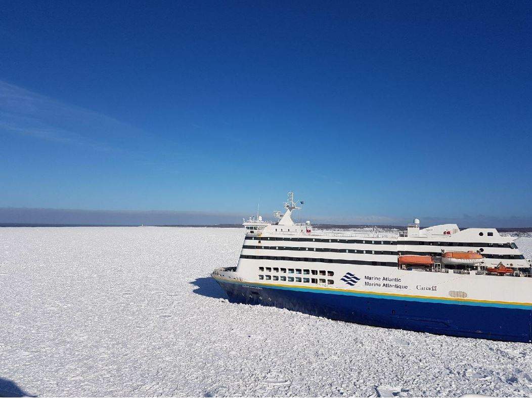The MV Highlanders was stuck in thick ice off the coast of Cape Breton on Tuesday.