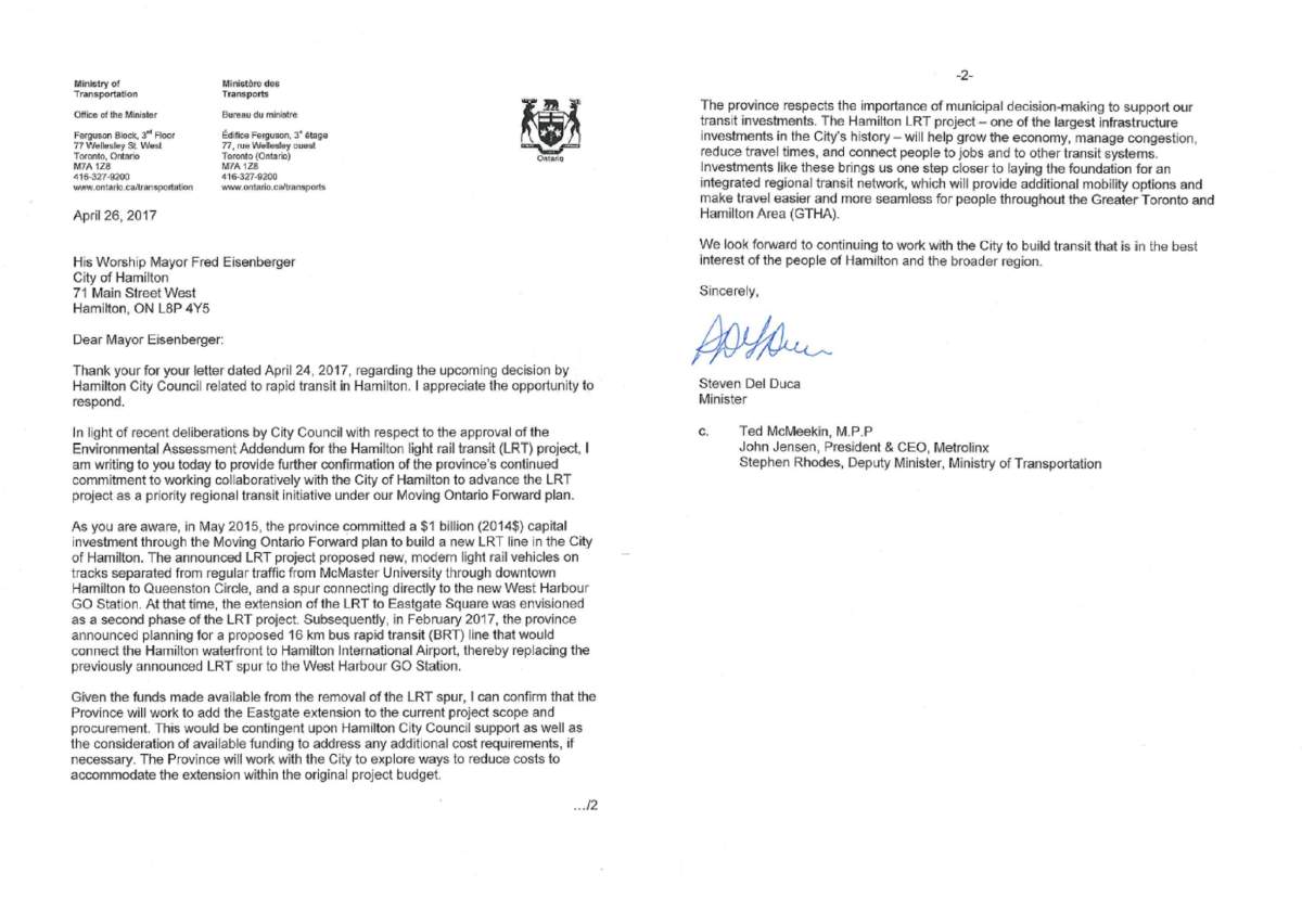 Transportation Minister Steven Del Duca’s letter to Hamilton mayor Fred Eisenberger.