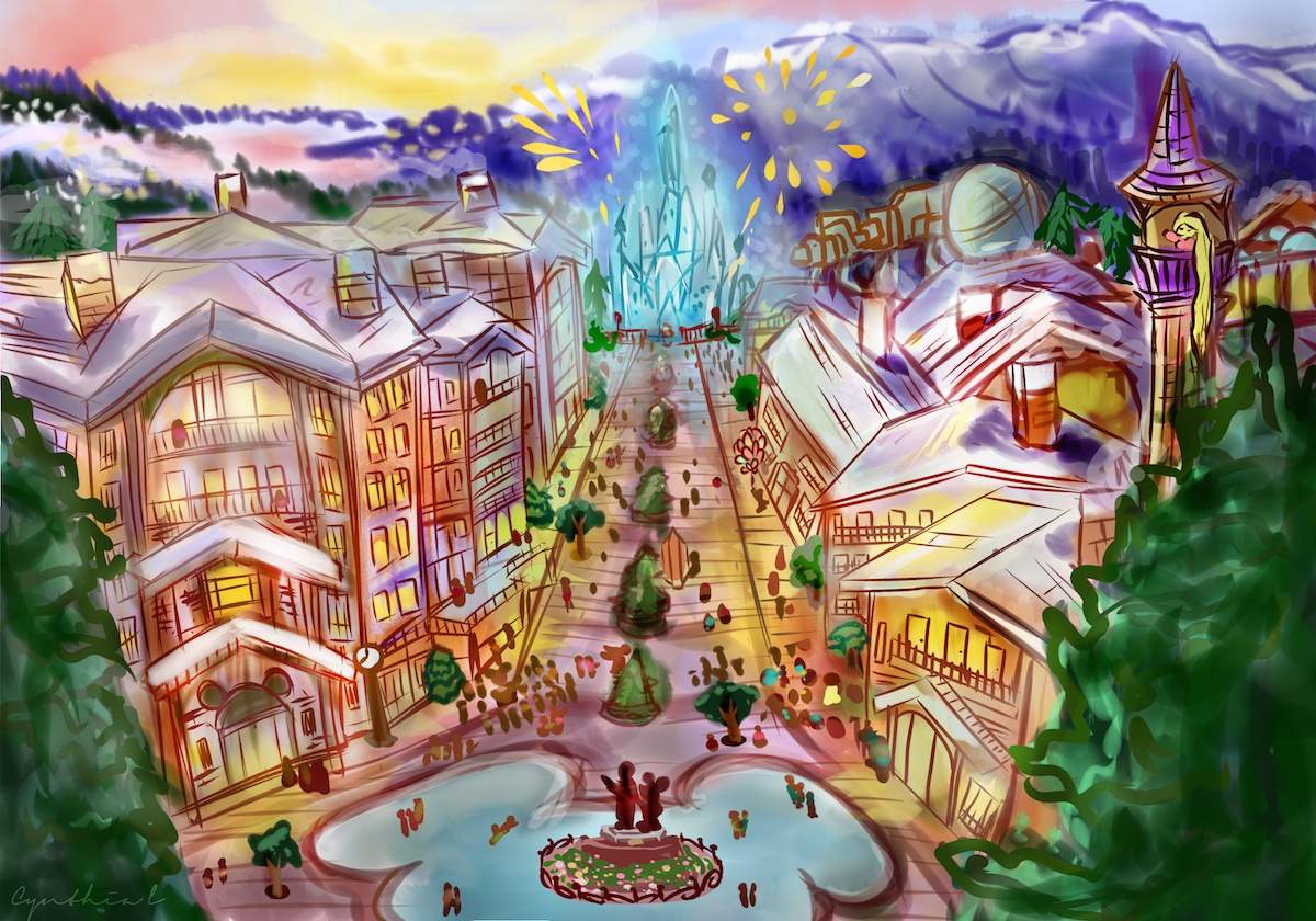 A rendering of Daily Hive’s imagined version of what a Disney resort in Squamish could look like.