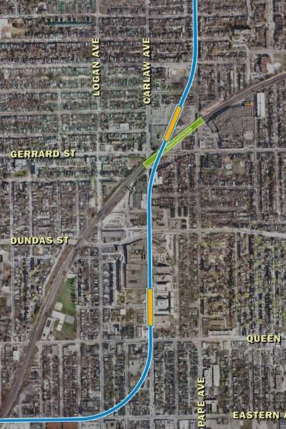 The realigned Downtown Relief Line route will now go along Carlaw Avenue between Gerrard Street and Eastern Avenue.