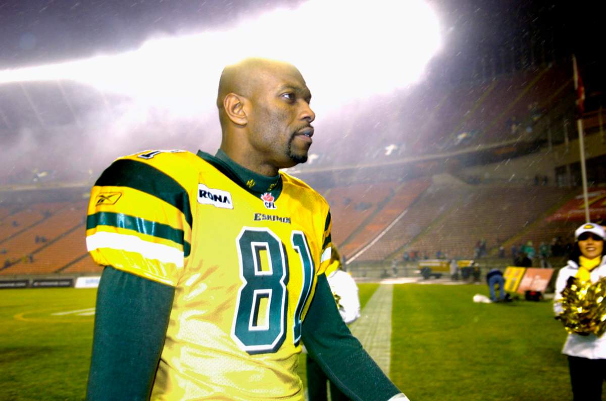 Edmonton Eskimos receiver Ed Hervey leaves the field after beating Saskatchewan 20-18 during CFL football action at Edmonton’s Commonwealth Stadium on Friday, October 27, 2006.