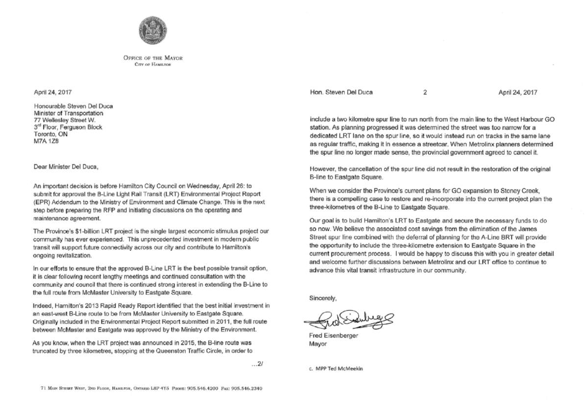 Hamilton mayor Fred Eisenberger’s letter to Transportation Minister Steven Del Duca.