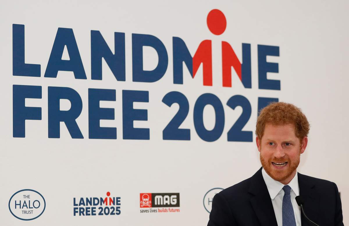 Prince Harry delivers a keynote speech at an International Mine Awareness Day reception at Kensington Palace on April 4, 2017 in London, England.