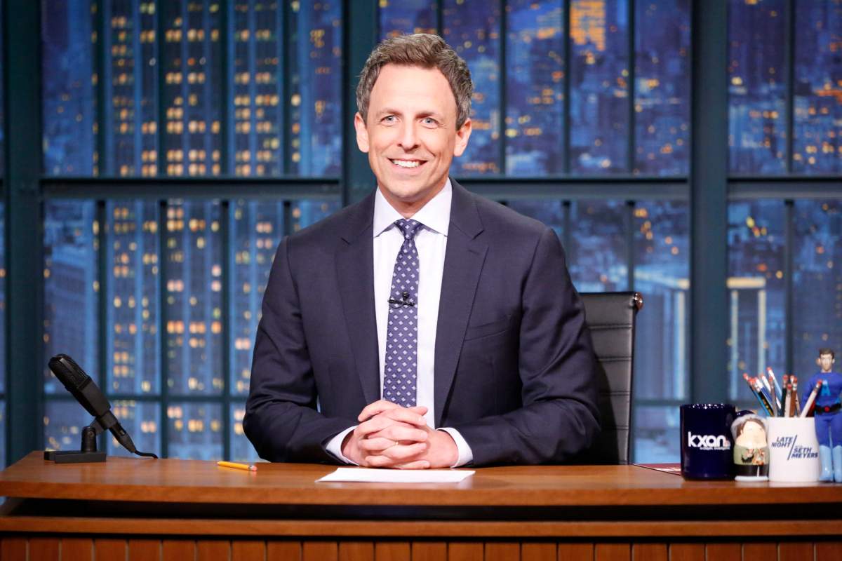 Host Seth Meyers at his desk on April 26, 2017.